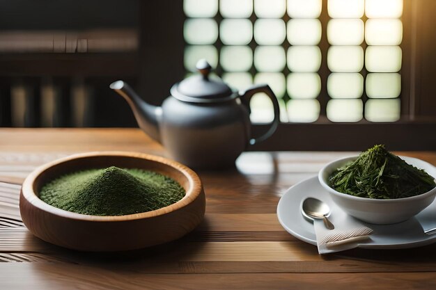 une théière et un bol de brocoli sur une table.