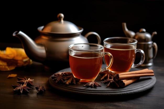 Une théière et deux tasses remplies de chai chaud sur une table