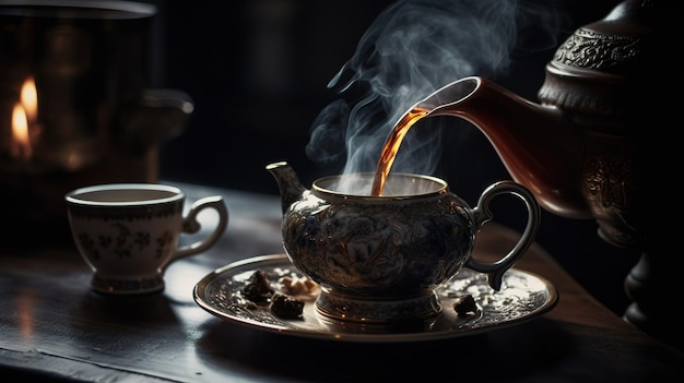 Une théière est versée dans une théière avec une tasse de thé sur une table.