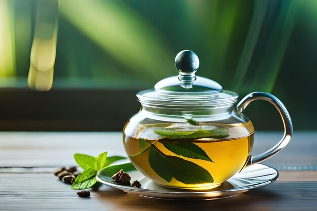 une théière avec des feuilles et une tasse de thé sur une table.