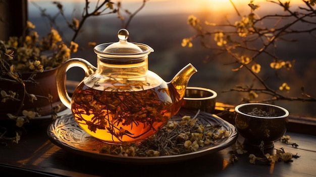 La théière et les feuilles de thé