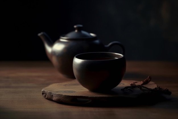 Une théière noire et une tasse de thé sont posées sur une table en bois.