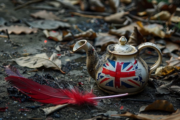 Photo une théière peinte avec l'union jack sur le sol entourée de feuilles de thé éparpillées une seule plume rouge repose à proximité faisant allusion à la fête du thé de boston et au défi des colons à la domination britannique