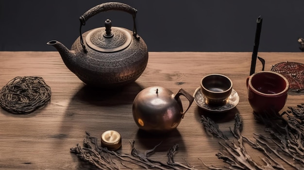 Une théière et une tasse de thé sont posées sur une table avec des bougies et une bougie.