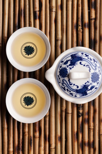 Théière et tasses de thé sur la vue de dessus de table en bois