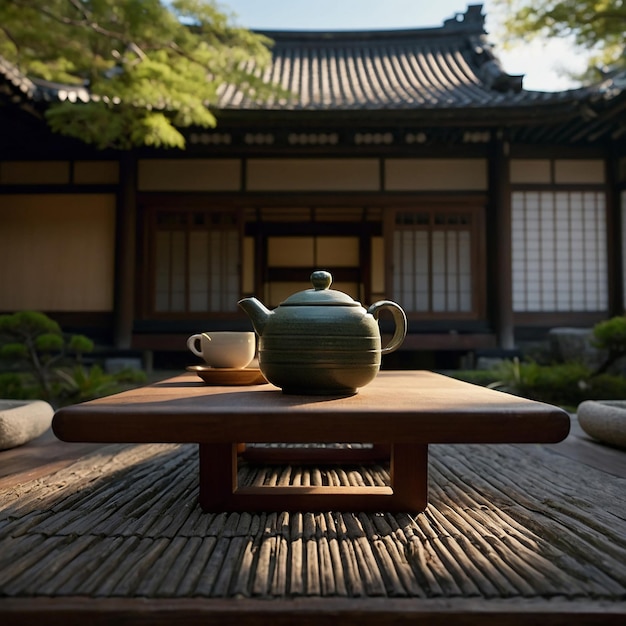 Une théière et une théière assis sur une table devant un bâtiment