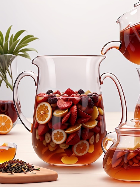 Une théière en verre lisse avec du thé aux fruits