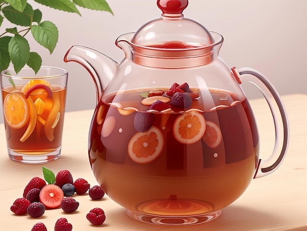 Une théière en verre lisse avec du thé aux fruits