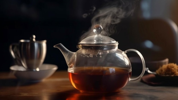 Une théière en verre avec une tasse de café sur la table.