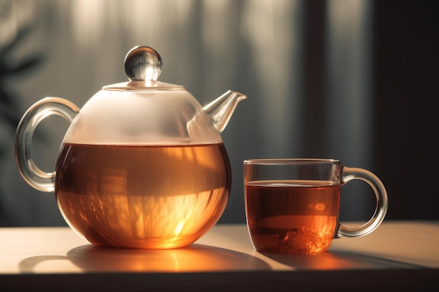 Une théière en verre et une tasse de thé sont posées sur une table.