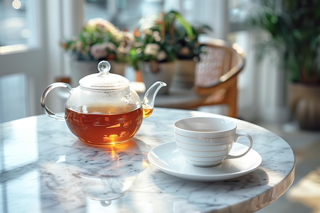 Photo une théière en verre et une tasse de thé sur une table en marbre