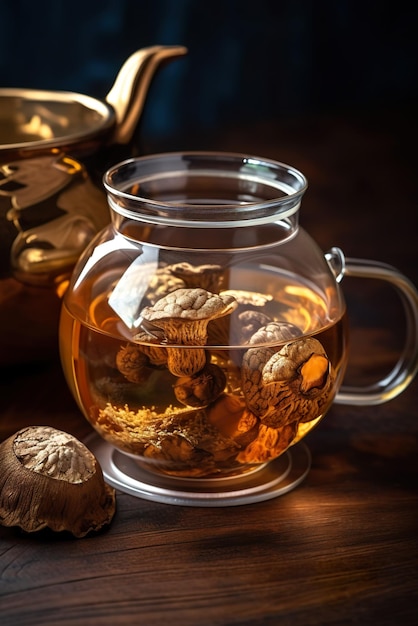 Théière en verre de thé aux champignons génératif AI avec champignons chaga sur une table