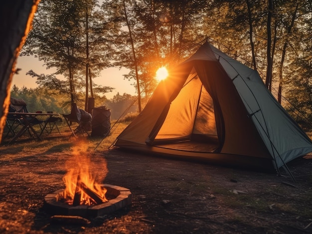 Thème de camping avec une tente et un feu de camp sur une clairière dans les bois en plein air