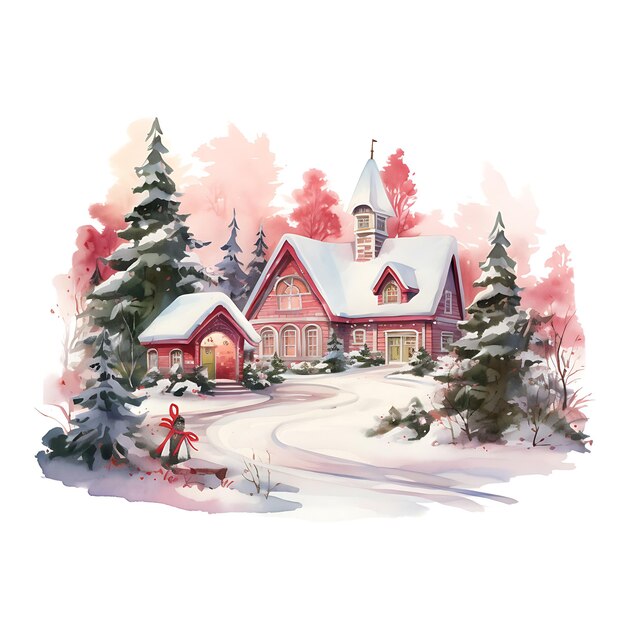Le thème du paysage de la maison de village de Noël avec un fond blanc en aquarelle
