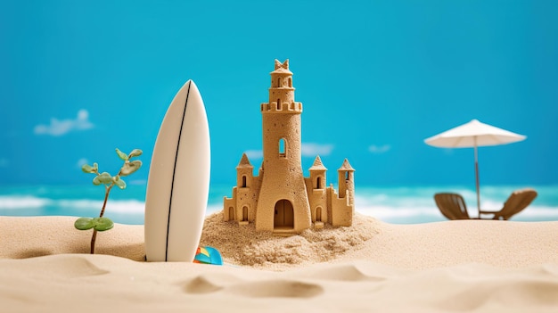 Thème d'été avec planche de surf et château de sable sur fond bleu vif Generative Ai