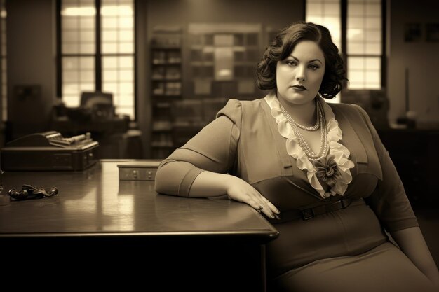 Photo thème historique des années 1920, femme de taille plus, gestionnaire de bureau artdeco, ton sépia, pentax 67, 105 mm f