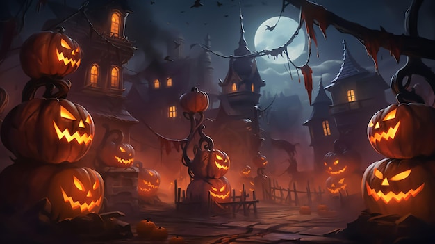 Thème d'horreur d'Halloween Concept Art Bois avec des citrouilles et des pierres tombales