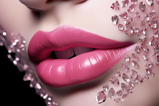 Thème de maquillage image améliorée de lèvres attrayantes, diamants de rouge à lèvres rose et dents retouchées