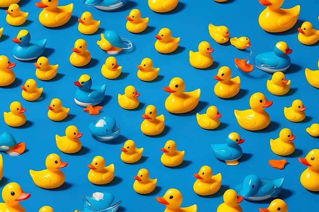 Photo thème minoritaire de canards en caoutchouc jaunes sur un fond bleu