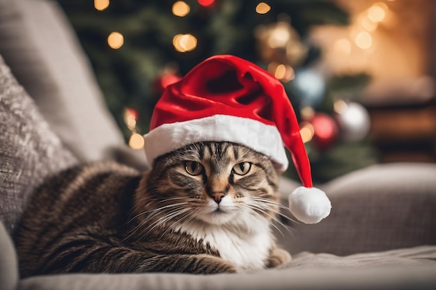 Thème de Noël Chat portant un chapeau de Père Noël avec des décorations de Noël en arrière-plan