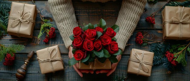 Photo thème pour la saint-valentin39 les mains féminines enveloppent un bouquet de roses dans du papier écologique table en bois vétuste avec des cadeaux enveloppes et décorations station de travail pour la préparation de décorations faites à la main