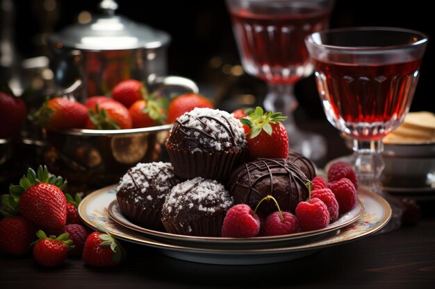 Photo thème rétro avec des fraises trempées dans des bols d'argent et de cristal antiques.