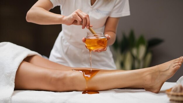 Photo un thérapeute méconnaissable versant du miel en massant la jambe d'une femme au salon de spa.