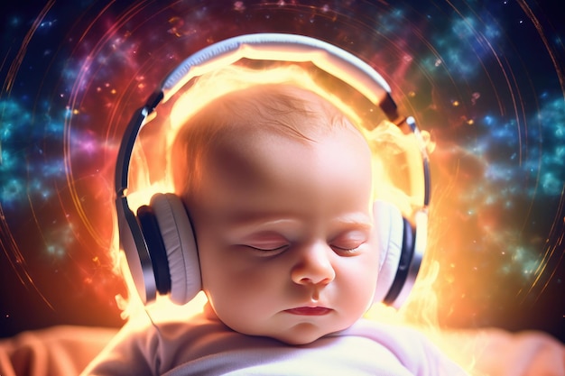 Photo thérapie par le son guérison de la musique pour les bébés enfants pour la relaxation et le sommeil bébé dans des écouteurs écouter de la musique ou des sons sur un fond coloré