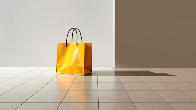 Photo there is a yellow shopping bag sitting on a tiled floor generative ai