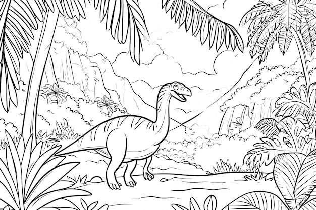 Photo thérizinosaure dinosaure noir et blanc doodles linéaires art de ligne page de coloriage pour les enfants livre de coloriage