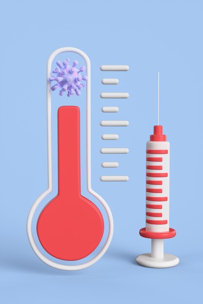 Thermomètre abstrait avec coronavirus et seringue sur fond bleu. Concept de vaccination contre le coronavirus. illustration de rendu 3D.