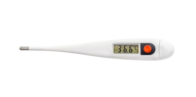 Photo thermomètre électronique avec température 366 sur l'écran isolé sur blanc