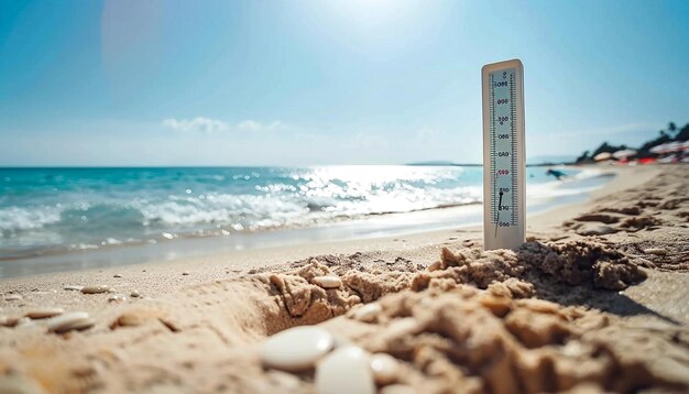 Thermomètre d'été sur la plage un jour d'été chaud