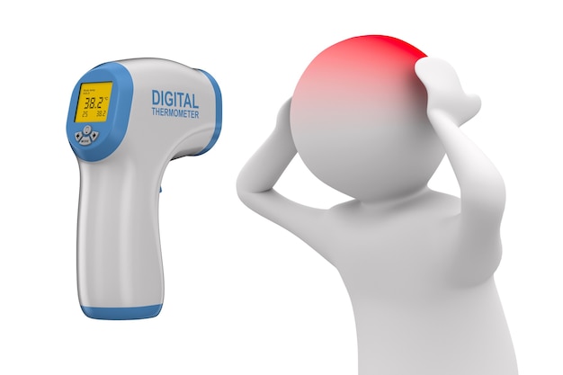 Thermomètre Infrarouge Numérique Sans Contact Et Patient Sur Fond Blanc. Illustration 3d Isolée