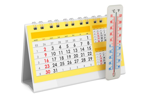 Thermomètre avec rendu 3D du calendrier de bureau isolé sur fond blanc