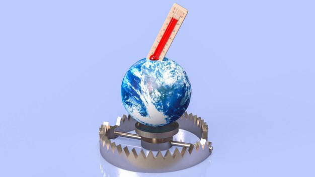 Le thermomètre et la terre sur le piège à ours pour le rendu 3d du concept de changement écologique ou climatique