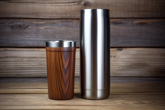 Un thermos en acier et une tasse sur une table en grain de bois