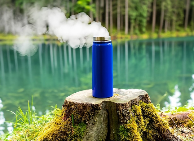 Un thermos à vapeur est sur un lac avec un thermos à vide bleu sur un souche d'arbre dans la nature