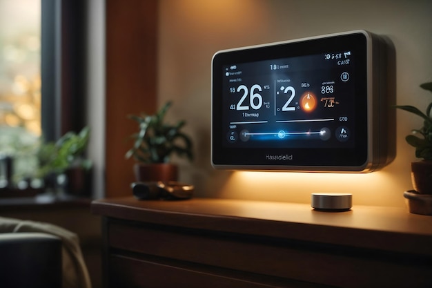 Un thermostat intelligent affichant la température actuelle et la consommation d'énergie