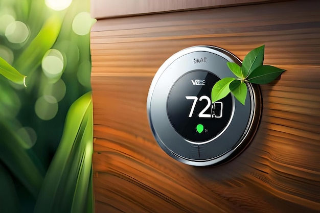 Un thermostat intelligent à faible consommation d'énergie avec un symbole de feuille verte représentant l'utilisation de la technologie intelligente...