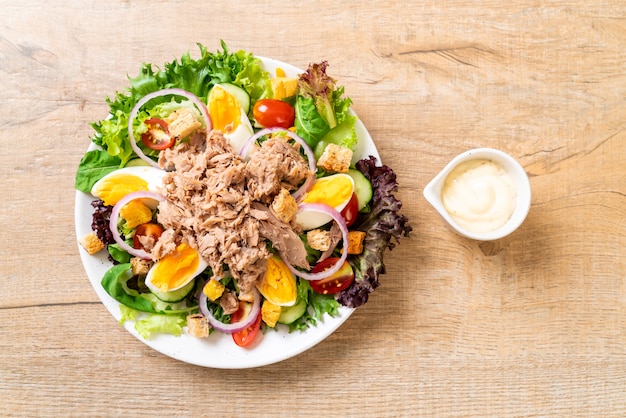 Photo thon avec salade de légumes et oeufs