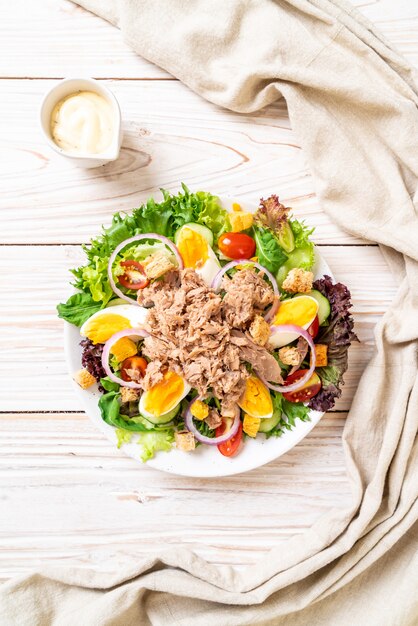 Thon avec salade de légumes et oeufs