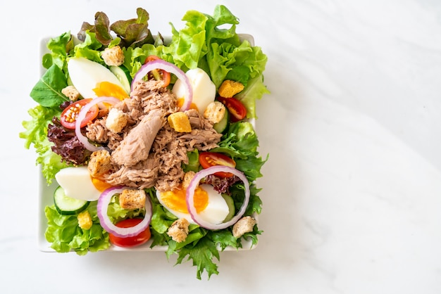 Thon avec salade de légumes et oeufs