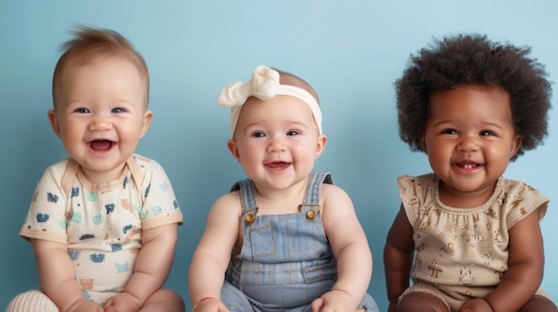 Photo three diverse smiling babies against blue background