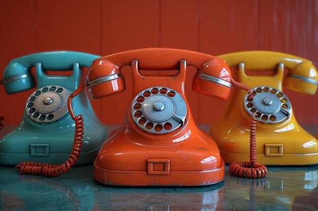 Photo three vintage rotary dial telephones in a row