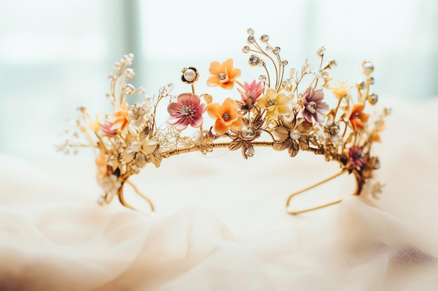 Photo tiare couronnée en or avec des fleurs botaniques d'été accessoire de vie simple pour la journée d'été dans les régions tropicales en