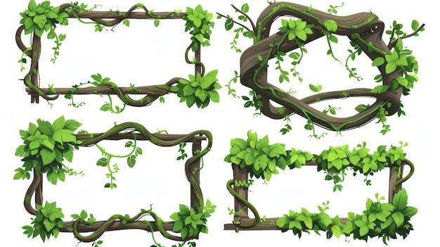 Tige d'arbre de forêt tropicale moderne en formes rectangulaires et circulaires Vigne de plante d'escalade de jungle pour la conception de l'interface utilisateur du jeu avec des branches tordues et des feuilles vertes