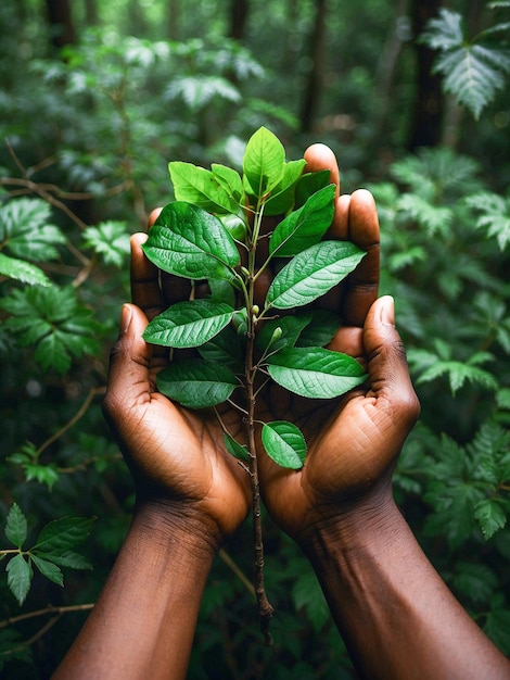 Tige verte avec des feuilles dans la paume des mains comme concept net zéro et environnement naturel neutre en carbone