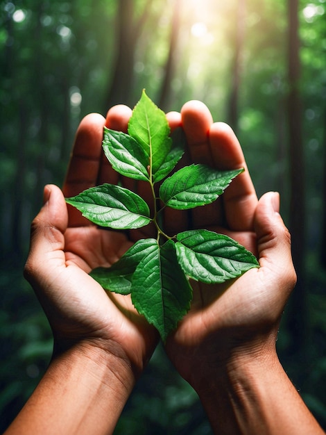 Tige verte avec des feuilles dans la paume des mains comme concept net zéro et environnement naturel neutre en carbone
