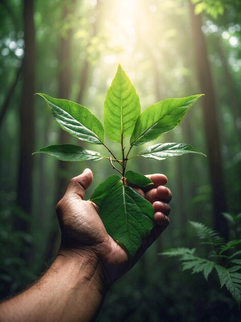 Tige verte avec des feuilles dans la paume des mains comme concept net zéro et environnement naturel neutre en carbone